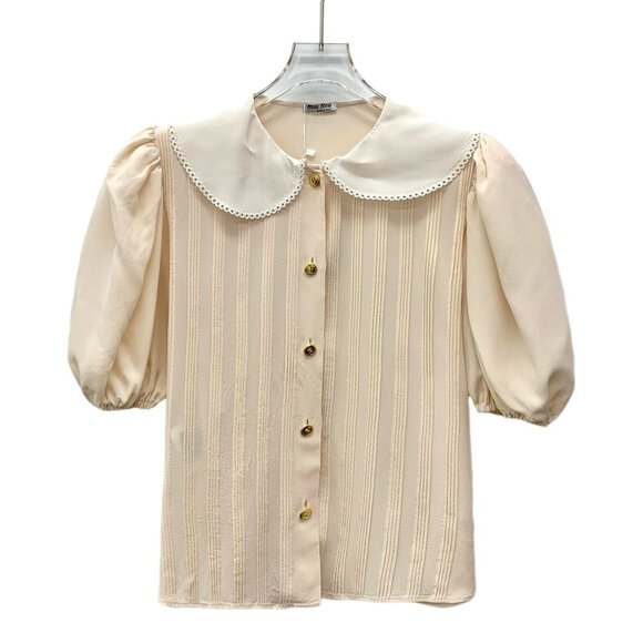GW0185 Miu Miu Miu Apricot striped doll collar single-breasted mulberry silk puf - Picture 1 of 8